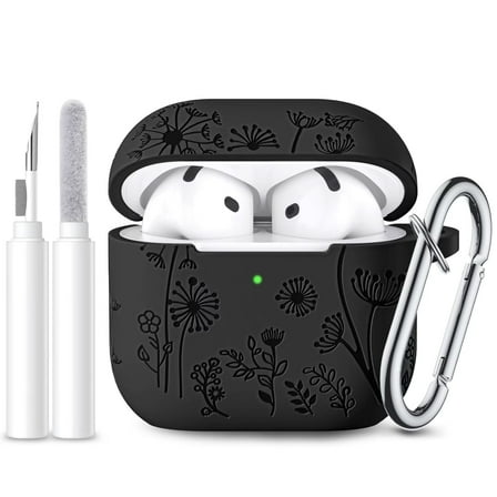 Comvin for Apple AirPods 4 Case Cover 2024, Cute Flower Engraved Silicone Case for AirPods 4 Case with Cleaner Kit & Keychain for Women Men, Black