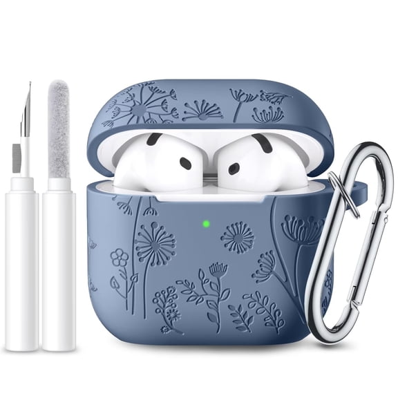 Comvin for AirPods 5 Case (2026) & AirPods 4 Case Cover (2024) with Cleaner Kit, Flower Engraved Silicone Case with Keychain for Apple AirPods 5/4 Case Women Men, BlueGrey