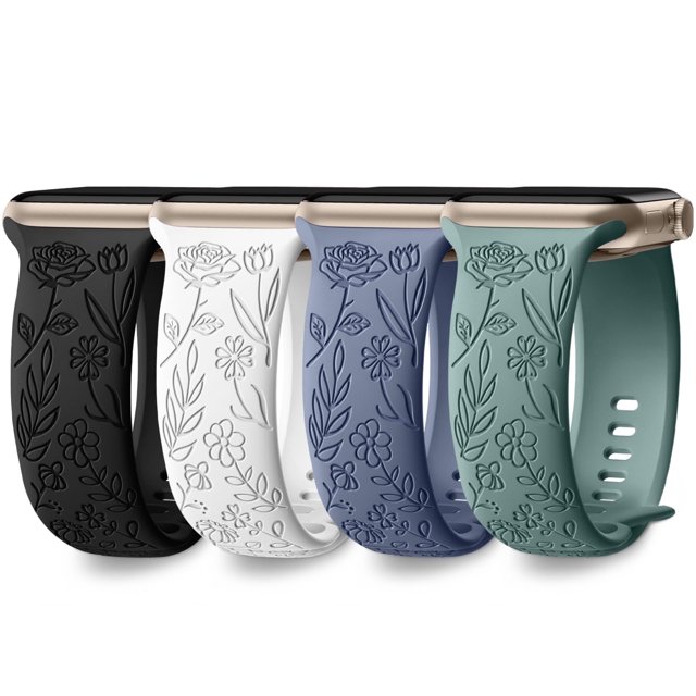Comvin Floral Engraved Compatible With Apple Watch Bands 40mm 41mm 38mm 42mm 45mm 44mm 49mm for Women Lady Girls, 4 Pack Cute Fancy Bands Fits For iWatch Ultra Series 11 10 9 8 7 6 5 4 3 SE