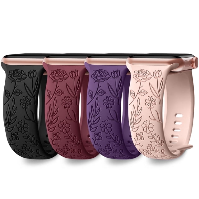 Comvin Floral Engraved Compatible With Apple Watch Bands 40mm 41mm 38mm 42mm 45mm 44mm 49mm for Women Lady Girls, 4 Pack Cute Fancy Bands Fits For iWatch Ultra Series 11 10 9 8 7 6 5 4 3 SE
