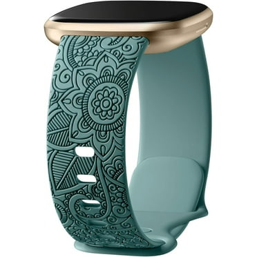 Comvin Compatible with Fitbit Versa 4/Versa 3/Sense 2/Sense Bands for Women Girls, Engraved Floral Soft Watch Bands, Pinegreen