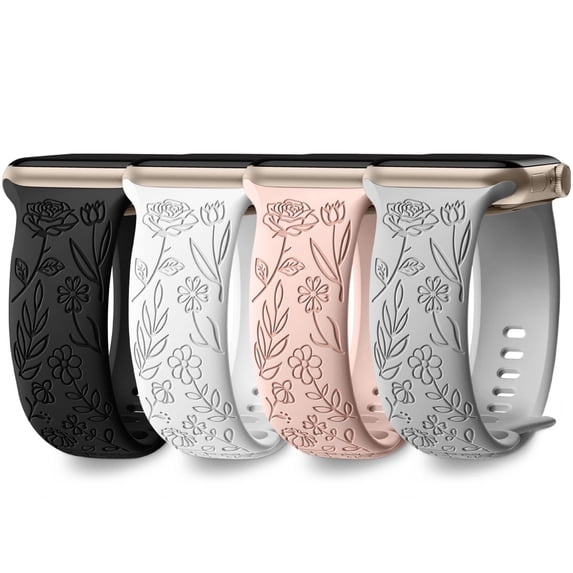 Comvin Floral Engraved Compatible With Apple Watch Bands 40mm 41mm 38mm 42mm 45mm 44mm 49mm for Women Lady, 4 Pack Cute Fancy Bands Fits For iWatch Ultra Series 11 10 9 8 7 6 5 4 3 SE