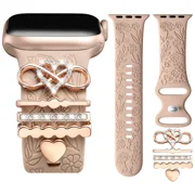 Comvin Flower Engraved Band Compatible with Apple Watch Bands for Women 40mm 38mm 41mm 42mm, Soft Silicone Band with Decorative Charms for iWatch Series 11 10 9