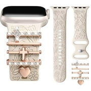 Comvin Flower Engraved Band Compatible with Apple Watch Bands for Women 40mm 38mm 41mm, Soft Silicone Band with Decorative Apple Watch Charms for iWatch Series 9 8 7 6 5 4 3 2 1 SE (With Band)