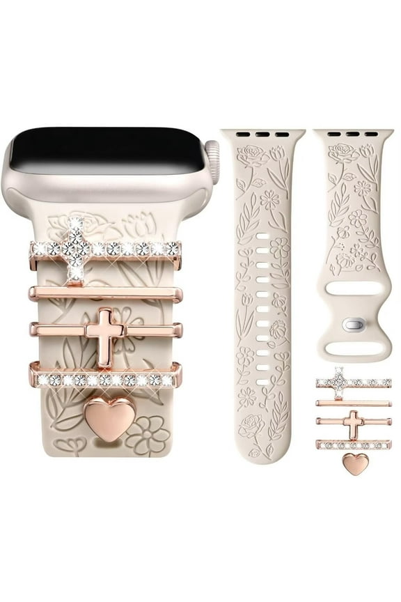 Flower Engraved Band Compatible with Apple Watch Bands for Women 40mm 38mm 41mm, Soft Silicone Band with Decorative Apple Watch Charms for iWatch Series 9 8 7 6 5 4 3 2 1 SE (With Band)