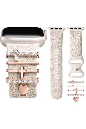 Flower Engraved Band Compatible with Apple Watch Bands for Women 40mm 38mm 41mm 42mm, Soft Silicone Band with Decorative Charms for iWatch Series 11 10 9 8 7 6 5 4 3 2 1 SE (With Band)