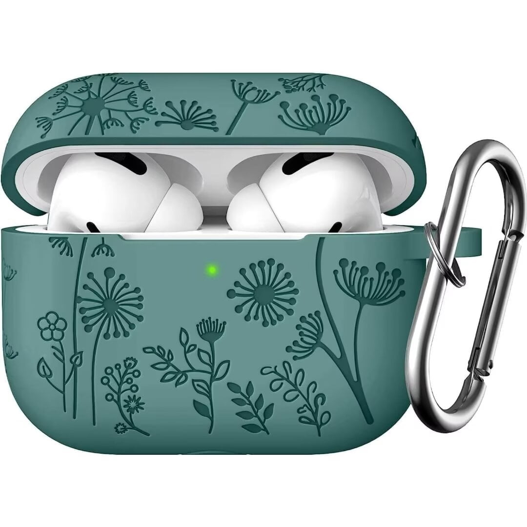 Comvin Compatible with Airpod Pro Case Cover, Cute Flower Engraved Silicone Case for Airpods Pro 2 Case, PineGreen