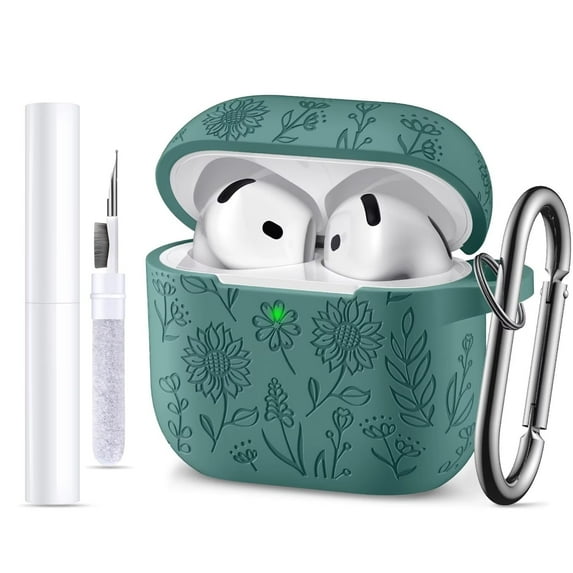 Comvin for Airpods 4 Case with Cleaner Kit, Cute Flower Engraved Case for Apple AirPods 4th Generation 2024, Soft Silicone Cover with Keychain for Women, Front LED Visible, PineGreen