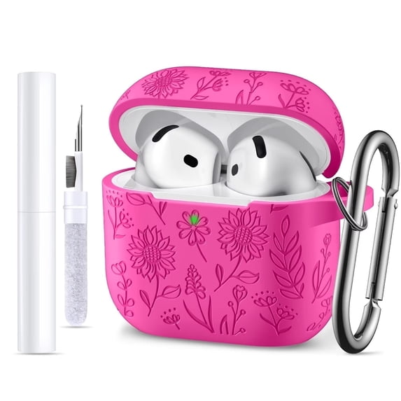 Comvin for Apple AirPods 4 Case Cover 2024 with Cleaner Kit & Keychain, Cute Flower Engraved Silicone Case for Airpods 4th Generation for Women, RosePink
