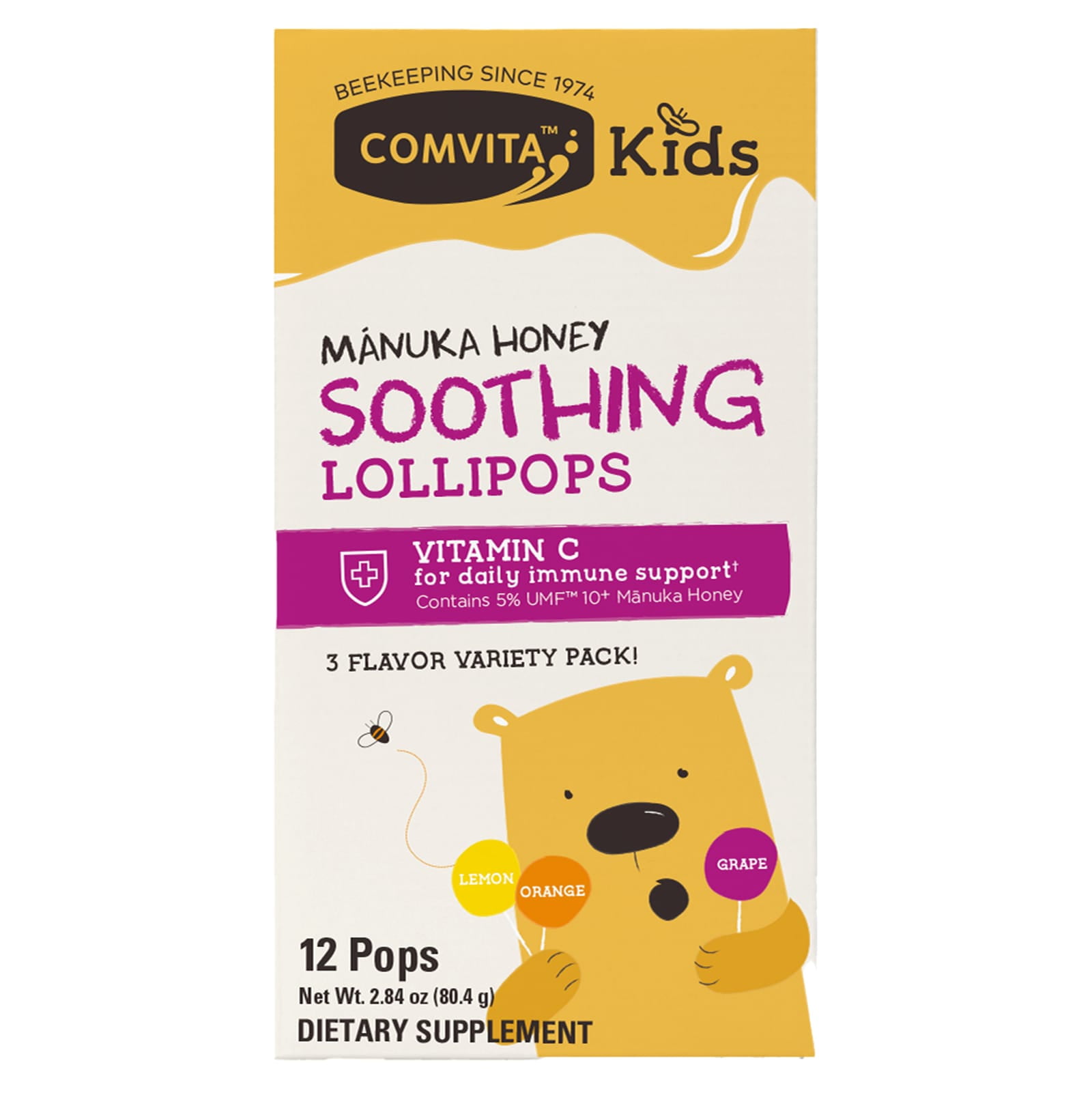 Comvita, Kids, Manuka Honey Soothing Lollipops, Ages 3 and Up, Lemon, Orange, Grape, 12 Pops, 2.84 oz (80.4 g) Pack of 4