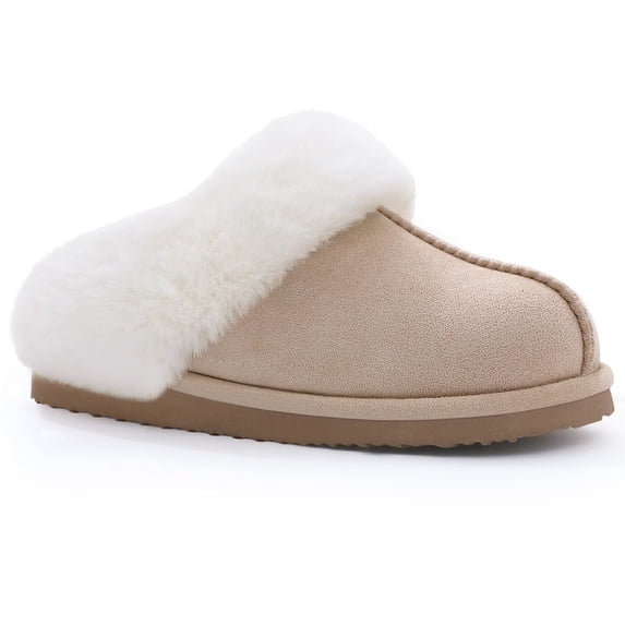 Comwarm Fuzzy House Slippers for Women Fluffy Memory Foam Suede Slippers with Faux Fur Collar Indoor Outdoor,Apricot