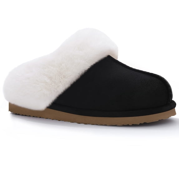 Comwarm Fuzzy House Slippers for Women Fluffy Memory Foam Suede Slippers with Faux Fur Collar Indoor Outdoor,Black