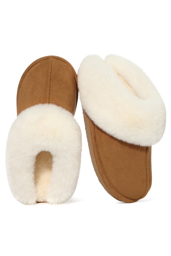 Fuzzy House Slippers for Women Fluffy Memory Foam Suede Slippers with Faux Fur Collar Indoor Outdoor,Chestnut