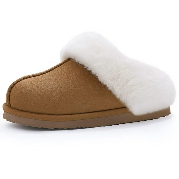 Comwarm Fuzzy House Slippers for Women Fluffy Memory Foam Suede Slippers with Faux Fur Collar Indoor Outdoor,Chestnut