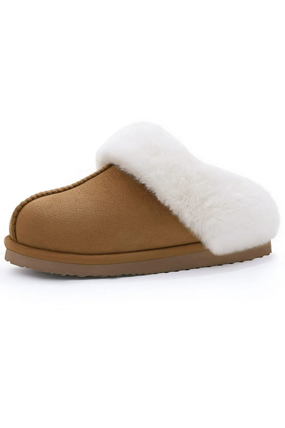 Fuzzy House Slippers for Women Fluffy Memory Foam Suede Slippers with Faux Fur Collar Indoor Outdoor,Chestnut
