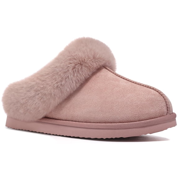 Comwarm Fuzzy House Slippers for Women Fluffy Memory Foam Suede Slippers with Faux Fur Collar Indoor Outdoor,Pink
