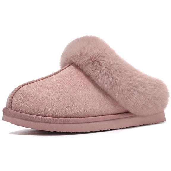 Comwarm Fuzzy House Slippers for Women Fluffy Memory Foam Suede Slippers with Faux Fur Collar Indoor Outdoor,Pink
