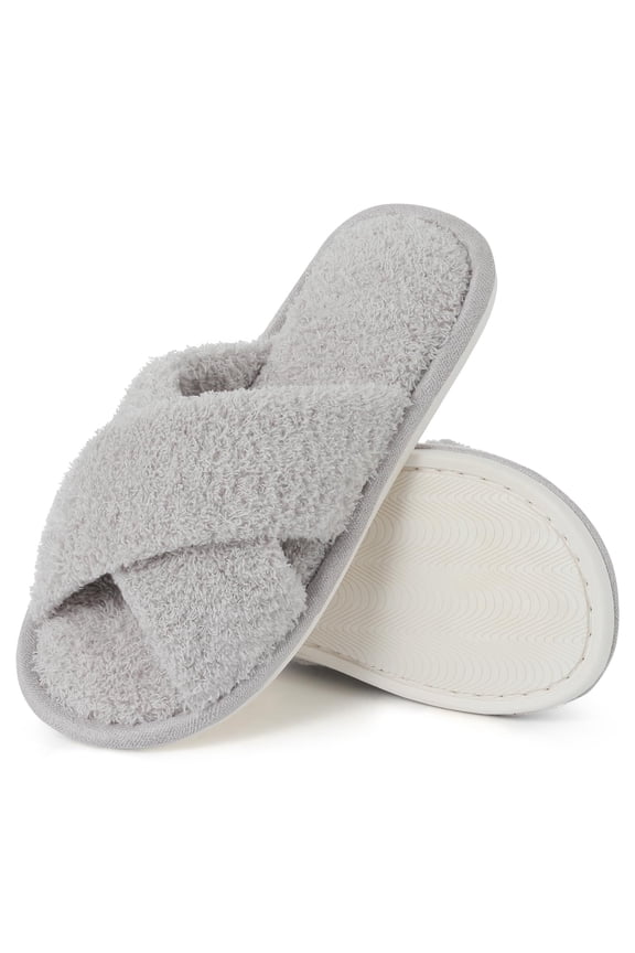 Fuzzy Slide Slippers for Women, Cross Band Memory Foam Open Toe House Shoes, Beautiful Velvet Grey