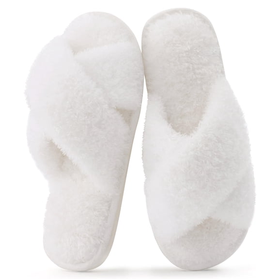 Comwarm Fuzzy Slide Slippers for Women, Cross Band Memory Foam Open Toe House Shoes, White