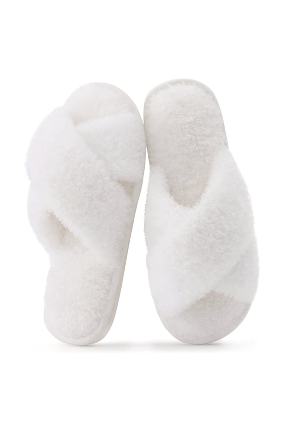 Fuzzy Slide Slippers for Women, Cross Band Memory Foam Open Toe House Shoes, White