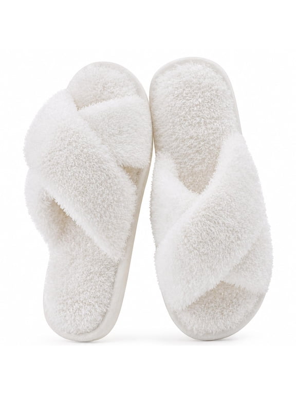 Fuzzy Slide Slippers for Women, Cross Band Memory Foam Open Toe House Shoes, White