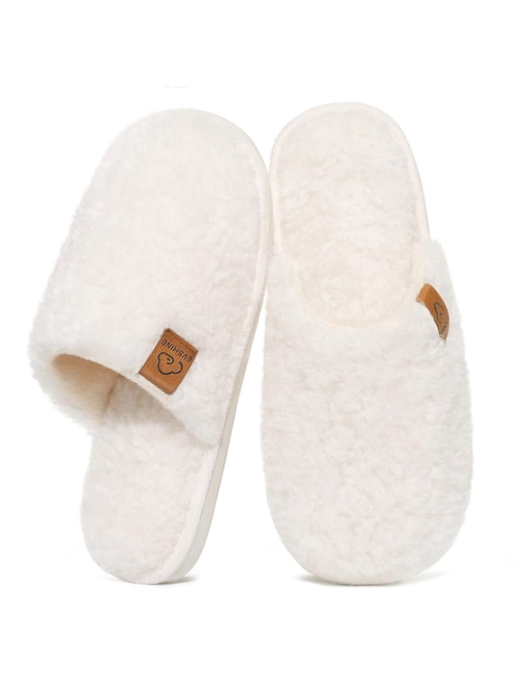 Fuzzy Slippers for Women, Cozy Warm Winter Memory Foam Slip On House Shoes for Indoor and Outdoor, Beige