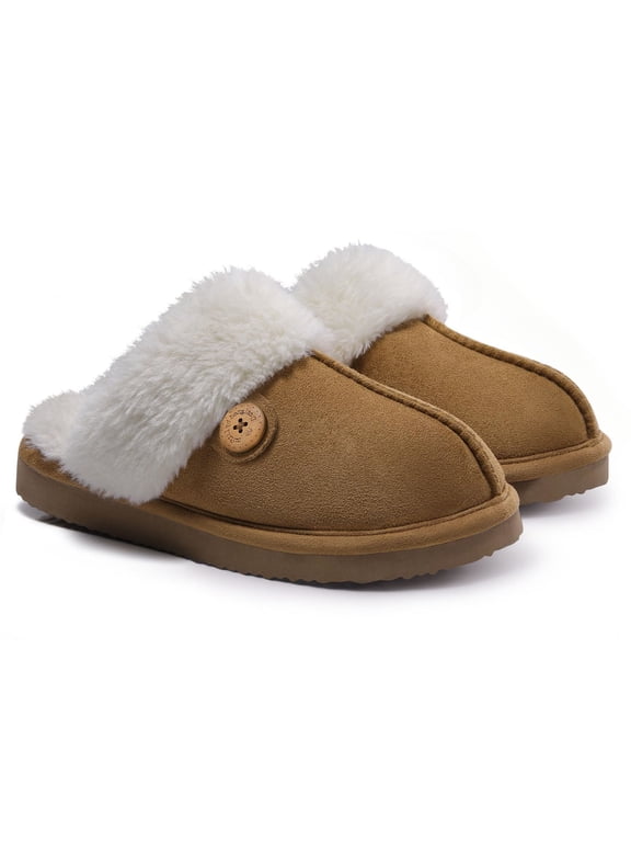 Fuzzy Slippers for Women Memory Foam Winter Warm House Shoes Indoor Outdoor, Khaki, Size 8-8.5