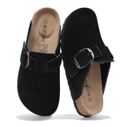 Comwarm Genuine Suede Clogs for Women, Memory Foam Cork Footbed Potato Slip on Leather Shoes, Black