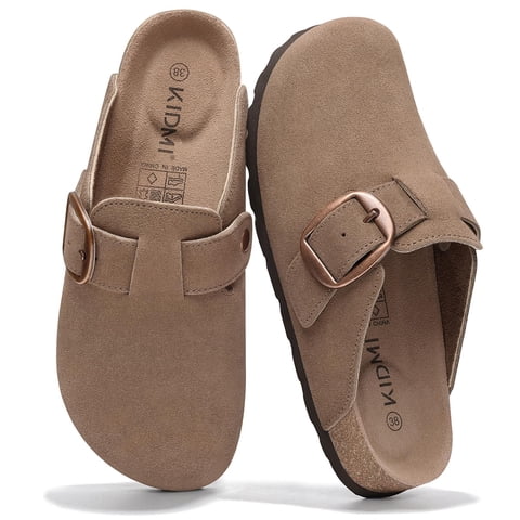 Genuine Suede Clogs for Women, Memory Foam Cork Footbed Potato Slip on Leather Shoes, Mocha