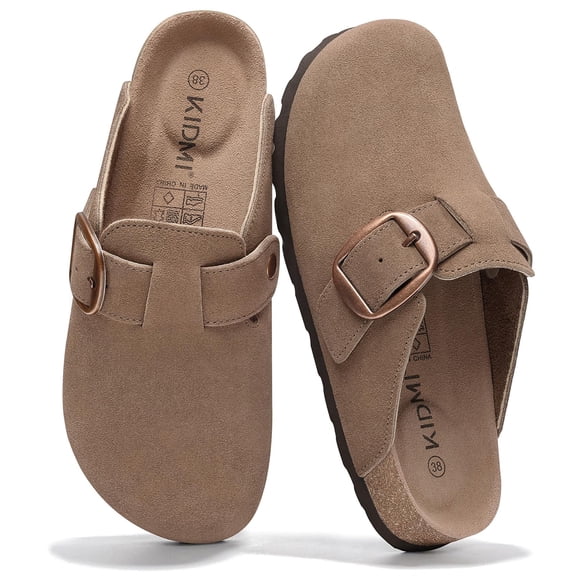 Comwarm Genuine Suede Clogs for Women, Memory Foam Cork Footbed Potato Slip on Leather Shoes, Mocha