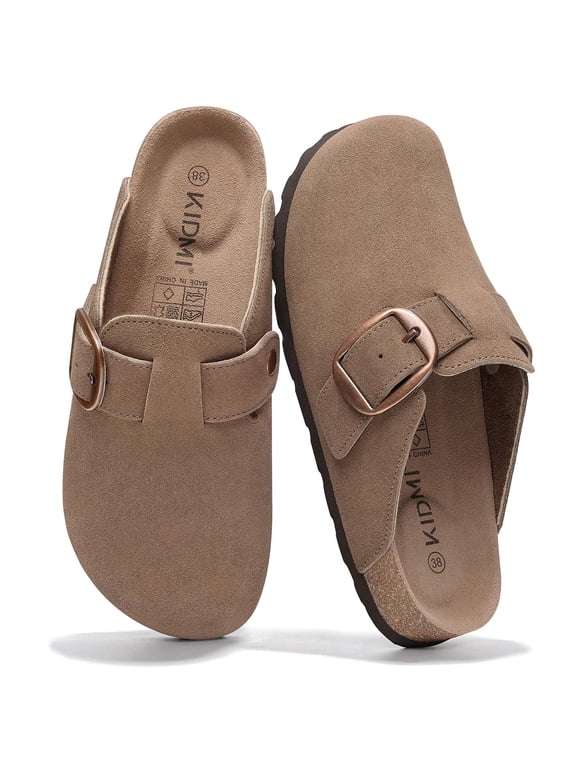 Genuine Suede Clogs for Women, Memory Foam Cork Footbed Potato Slip on Leather Shoes, Mocha
