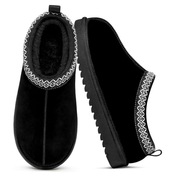 Comwarm Genuine Suede House Fuzzy Slippers for Women Men, Warm Memory Foam Shoes Indoor Outdoor, Black