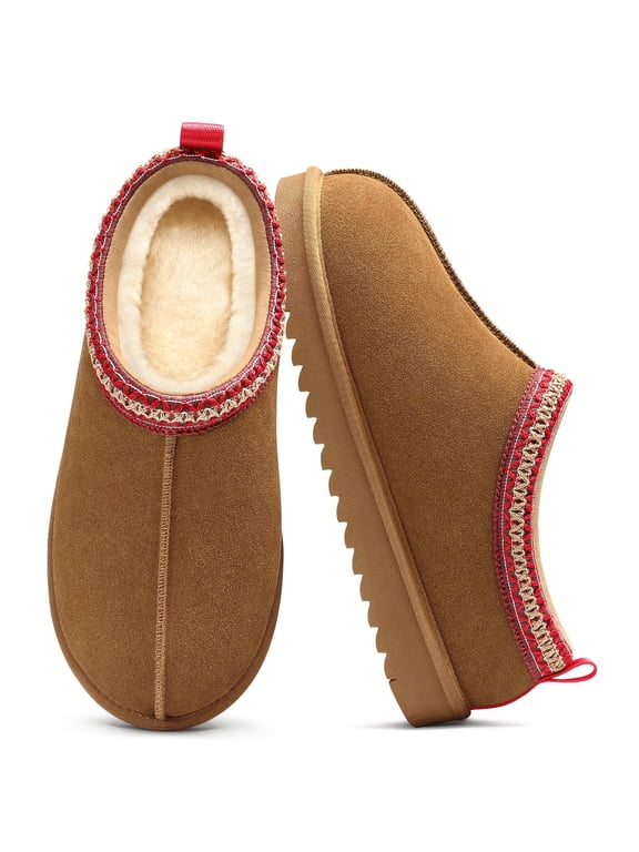 Genuine Suede House Fuzzy Slippers for Women Men, Warm Memory Foam Shoes Indoor Outdoor, Khaki