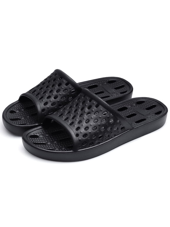 Shower Shoes for Women Men, Quick Drying Non-Slip Bath Slide Shower Sandals with Drain Holes, Black