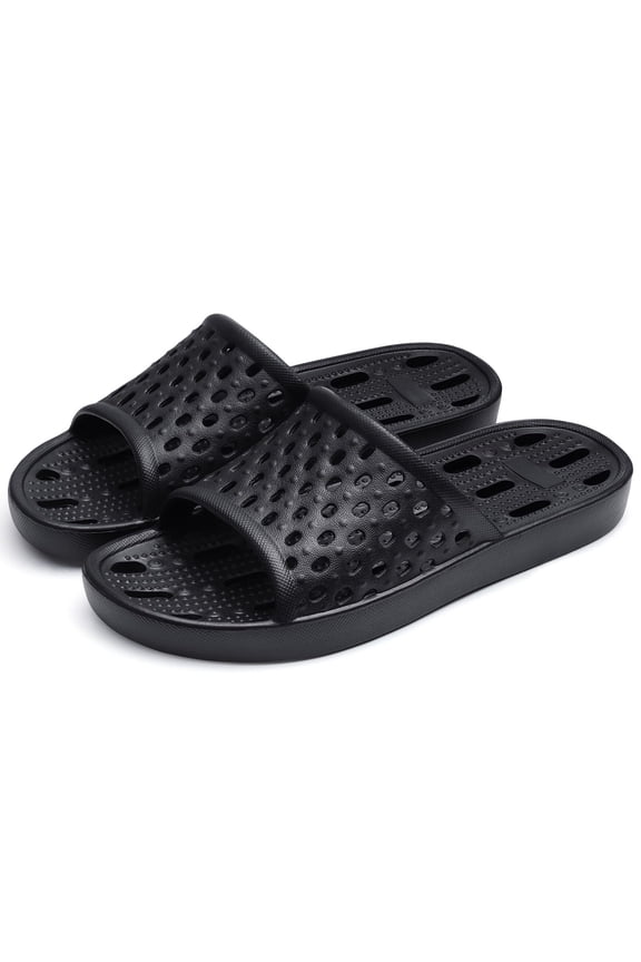Shower Shoes for Women Men, Quick Drying Non-Slip Bath Slide Shower Sandals with Drain Holes, Black
