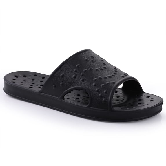 Comwarm Shower Shoes for Women Men, Quick Drying Lightweight Non Slip Pool Slides Slippers with Drain Holes, Black