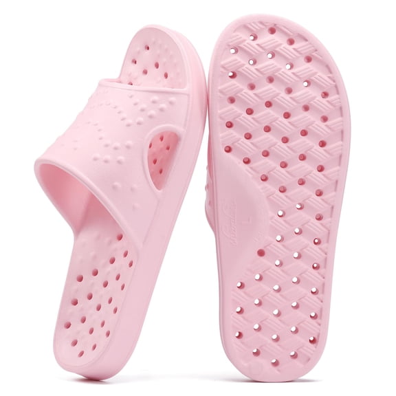Comwarm Shower Shoes for Women Men, Quick Drying Lightweight Non Slip Pool Slides Slippers with Drain Holes, Pink
