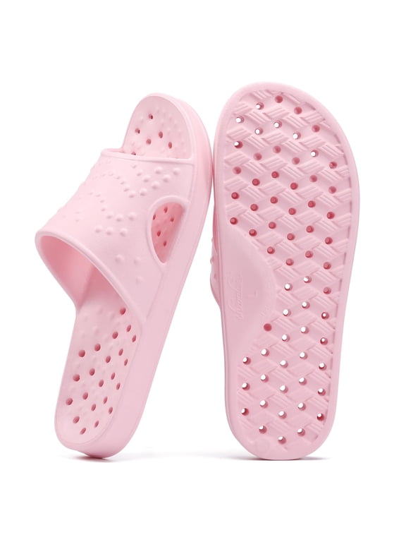 Shower Shoes for Women Men, Quick Drying Lightweight Non Slip Pool Slides Slippers with Drain Holes, Pink
