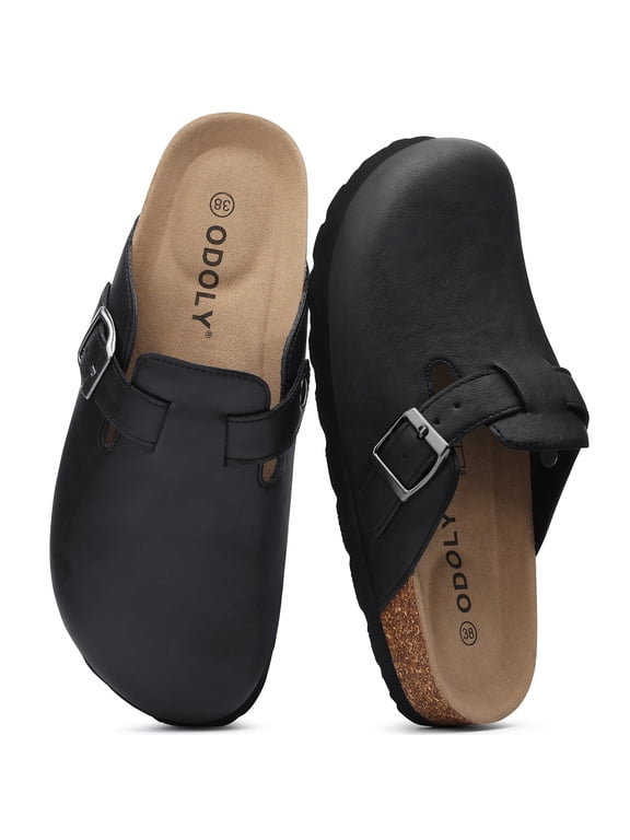 Vegan Leather Clogs for Womens Mens, Cork Footbed Potato Slip On shoes for Women with Arch Support, Black