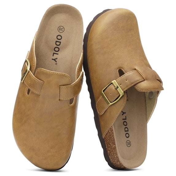 Comwarm Vegan Leather Clogs for Womens Mens, Cork Footbed Potato Slip On shoes for Women with Arch Support, British Tan