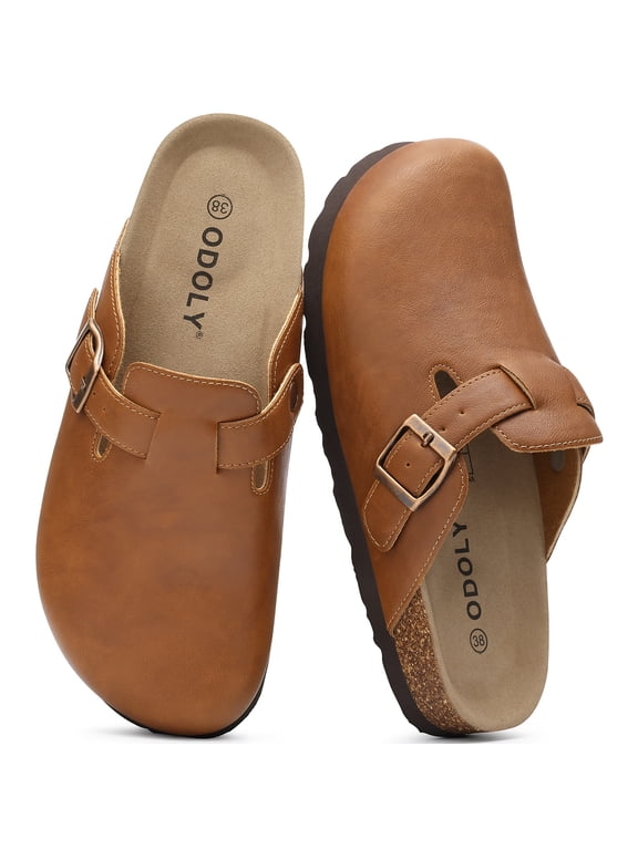 Vegan Leather Clogs for Womens Mens, Cork Footbed Potato Slip On shoes for Women with Arch Support, Caramel Brown
