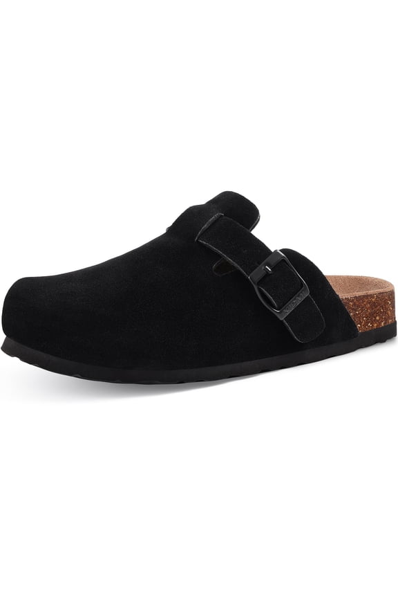 Vegan Suede Clogs for Women Men, Arch Support Leather Mules Potato Sandals Shoes with Cork Footbed, Black