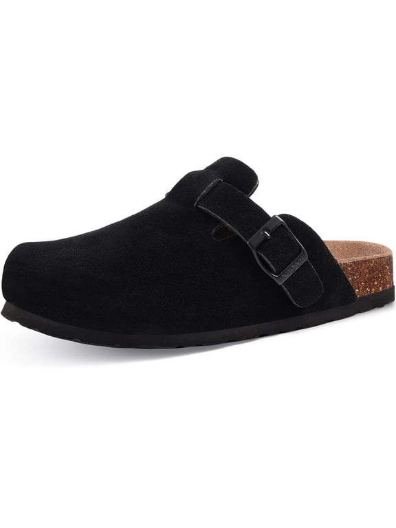 Vegan Suede Clogs for Women Men, Arch Support Leather Mules Potato Sandals Shoes with Cork Footbed, Black