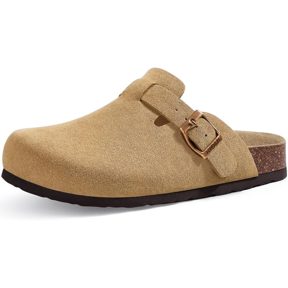 Comwarm Vegan Suede Clogs for Women Men, Arch Support Leather Mules Potato Sandals Shoes with Cork Footbed, Tan