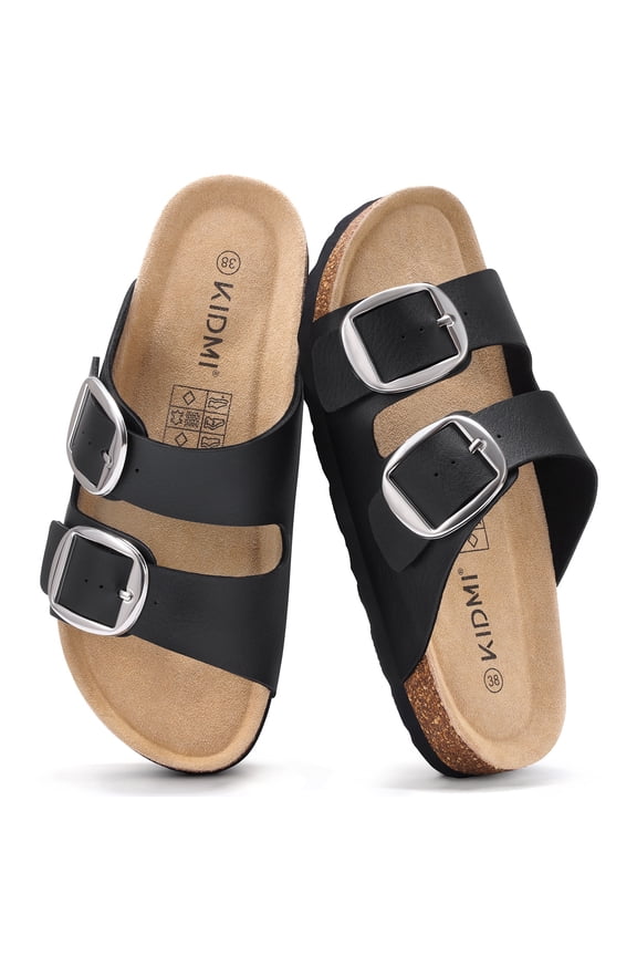Women's Cork Footbed Slide Sandals, Comfortable Arch Support Summer Slip On Sandals with Adjustable Buckle, Black Matte
