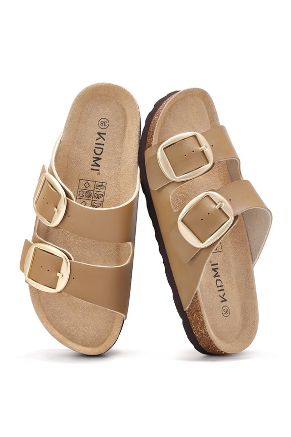 Women's Cork Footbed Slide Sandals, Comfortable Arch Support Summer Slip On Sandals with Adjustable Buckle, Camel Brown