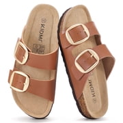 Comwarm Womens Cork Footbed Slide Sandals, Comfortable Arch Support Summer Slip On Sandals with Adjustable Buckle, Chestnut Brown