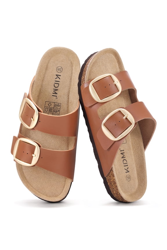 Women's Cork Footbed Slide Sandals, Comfortable Arch Support Summer Slip On Sandals with Adjustable Buckle, Chestnut Brown