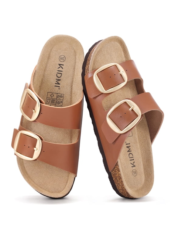 Women's Cork Footbed Slide Sandals, Comfortable Arch Support Summer Slip On Sandals with Adjustable Buckle, Chestnut Brown