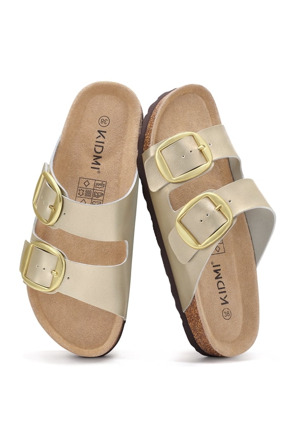Women's Cork Footbed Slide Sandals, Comfortable Arch Support Summer Slip On Sandals with Adjustable Buckle, Rose Gold